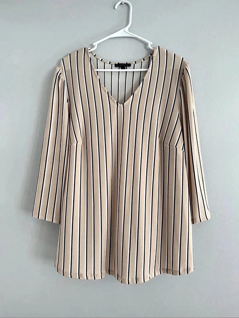 Striped V-Neck Blouse in Beige & Black